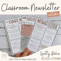 "Keep your students and their parents informed all year long with our easy-to-use Editable Classroom Newsletter Templates. Whether you hand out weekly class newsletters, monthly class updates, or even a basic term overview, these Spotty Boho-themed newsletter templates make it super easy for you to share important news and updates with your student's families. Simply type your desired text into the stunning pre-populated templates including relevant information such as the Month, Learning Focus, Reminders, and Important Dates or completely customize them by creating your own headings using the blank templates that are also included. $$ SAVE $$ and grab this resource in the SPOTTY BOHO CLASSROOM DECOR BUNDLE available HERE: https://www.etsy.com/listing/1153560437/spotty-boho-classroom-decor