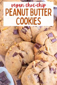 These soft and puffy vegan peanut butter chocolate chip cookies are so delicious! Ready in under 30 minutes and so irresistible! #vegancookies #vegancookierecipes #vegandesserts #vegandessertrecipes #veganpeanutbutterchocolatechipcookies