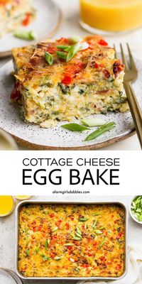 This protein-packed Cottage Cheese Egg Bake recipe features a creamy, fluffy blend of eggs and cottage cheese that's punched up with bright vegetables, chopped bacon, and even more cheese. Plus, it's easy to make gluten-free. Serve this easy casserole for brunch, or save leftovers for a quick lunch!