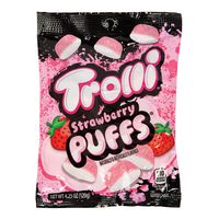 Puffy gummy candy Intense strawberry flavor Peg bags are ideal for vertical merchandising With a light dusting of sugar, these Trolli Strawberry Puffs deliver an intense strawberry flavor and soft-as-a-cloud chew thatll inspire your customers to come back for more. These gummy confections, packaged in attention-grabbing peg bags are perfect for your vertical merchandising displays that save on valuable shelf real estate in your candy aisles. Kosher No Brand TROLLI UPC 020709012562 GTIN (case) 10