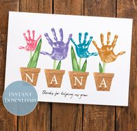 "NANA Thanks for helping us grow" adorable keepsake gift for nana with your kid's handprints. Make a very special personalized gift for Mother's Day with your children's handprints! A fun craft idea for kids, toddlers, infants, pre k, and preschool. INSTANT ACCESS - Digital Download File 1. Download and save. 2. Print the file at home or any print shop. 3. Add handprints/footprints. YOU WILL RECEIVE  Digital Templates to Print * One 8.5"x11" (letter size) JPG * One 8.5"x11" (letter size) PDF * Lifetime access! Print as many as you need for personal or classroom use.  *No physical product will be shipped; this is a digital downloadable art print. * Print on medium to heavy-weight white card stock for best results. * Set your printer settings to the highest quality and ensure the scale is se