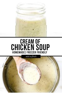 This Homemade Cream of Chicken Soup recipe makes a delicious substitute for condensed soup! Easy to make with just a few ingredients, it adds rich flavor to casseroles and more, and is freezer-friendly! // addapinch.com #chicken #creamofchickensoup #pantrystaples #easyrecipes #freezerrecipes #addapinch