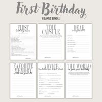 "Celebrate your little one's milestone with our First Birthday Printable Game Bundle! Packed with delightful activities, this bundle ensures a lot of fun for both kids and adults alike.  - YOUR PURCHASE INCLUDES - Advice for your frist Dear one year old Favorite Memory Trivia The World Time Capsule For the games, each: * 1 High resolution JPG sized 5\" x 7\" * 1 High resolution PDF sized 5\" x 7\" * 1 High resolution JPG sized 8.5\" x 11\" with trim marks for twice the 5\" x 7\" design * 1 High resolution PDF sized 8.5\" x 11\" with trim marks for twice the 5\" x 7\" design - HOW IT WORKS - 1. Click \"Add to Cart\" and purchase the files. 2. Once your payment is complete, you'll be taken to the downloads page on Etsy.com. This process usually takes around 5 minutes. You'll also receive an