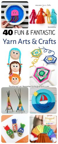 40 Fun and fantastic yarn arts, crafts and activities for kids. Process art, sewing, craft ideas and activities to build fine motor skills. Great for preschoolers to big kids