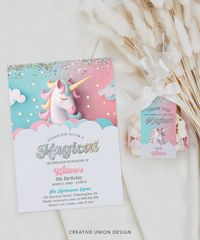 Sparkle Unicorn Birthday Invitation with Tag Template, Girl Birthday Invite, Download, Unicorn Birthday, Birthday Party Bundle, Magical