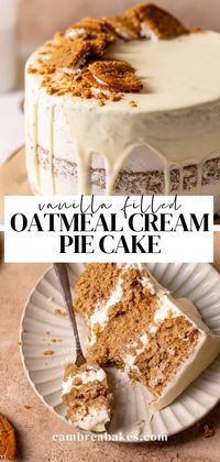 This oatmeal cream pie cake is a warm and cozy spiced oatmeal cake filled with vanilla cream and topped with a creamy vanilla glaze. Inspired by Little Debbie's oatmeal cream pies; it's the perfect treat for fall or any time of year!