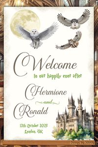 Harry Potter themed wedding welcome sign, or witch or wizard birthday party sign, with owls and castles. Geek welcome sign for Potterheads of all ages.