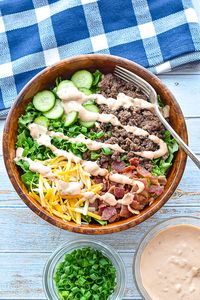 Enjoy the deliciousness of a McDonald’s Big Mac without the bun with these droolworthy Low FODMAP Burger Bowls drizzled in homemade Low FODMAP Burger Sauce! #LowFODMAP, #Keto, #LowCarb, #GlutenFree, and #LactoseFree (if needed). ~ Good Noms, Honey! ~ Low FODMAP Big Mac Bowl ~ Bunless Burger ~ Low FODMAP Keto Recipes