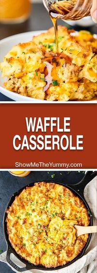 This Waffle Sausage Breakfast Casserole requires minimal prep and is loaded with waffles, sausage, eggs, cheese, and maple syrup! Sweet/savory brinner perfection! showmetheyummy.com #waffle #casserole