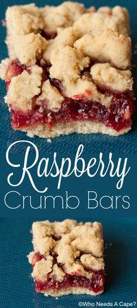 Raspberry crumb bars are sweet and tart at the same time. The butter crumbs and the raspberries compliment each other so well. | Who Needs A Cape? |