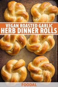 Are you looking for the perfect vegan bread to go with your fall-inspired meals? These Vegan Roasted Garlic & Herb Dinner Rolls are so good! They're also easier to make than you'd think. And you can get fancy with them without much extra work. Make them into regular rolls or tie them into these pretty knots. #fallfood #autumn #yeastbread #dinnerrolls #vegan #thanksgiving #foodal