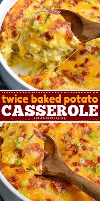 Put this potato bake on your Easter dinner ideas! This Easter side dish recipe is sure to be a hit with family and friends. Creamy, cheesy, and delicious, this easy twice baked potato casserole is the BEST. Pin this for later!