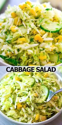 This Cabbage Salad with Corn is made with only a few ingredients and it tastes fantastic! It makes the perfect side dish for almost any kind of meal. FOLLOW Cooktoria for more deliciousness! #salad #corn #cabbage #lunch #vegetarian #vegan #plantbased #easyrecipe #summer #cooktoria