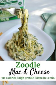 Craving comfort food, but want something a little more nutritious? This zoodle mac and cheese clocks in at just 310 calories, with 19 grams of protein! | healthy zoodle recipe | zucchini noodles | low carb macaroni and cheese | #food #recipe #healthyrecipe #healthydinner #dinner #lunch #macaroniandcheese #macandcheese #zoodles #zucchininoodles