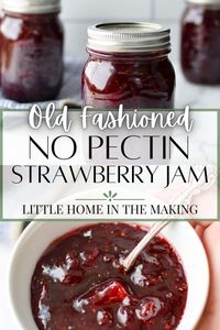 If you're looking for a strawberry jam recipe for canning, you have to try this easy recipe for strawberry jam without pectin. This strawberry jam recipe is perfect for canning, but includes freezer jam instructions too. All you need is just 2 ingredients and you'll be canning strawberries in no time! This no pectin recipe is just like Grandma used to make and is perfect for beginners! If you're looking for canning recipes, you HAVE to start with strawberry jam. It's a classic!