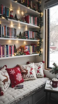 Transform your reading space into a winter wonderland with vibrant books, Christmas ornaments, and soft cushions. This cozy nook features a plush bench with holiday-themed pillows and a window view of light snowfall, perfect for the holiday season. Add hot cocoa and a twinkling garland to complete the look! #HomeLibraryIdeas #CozyNook #WinterReading #ChristmasLibrary