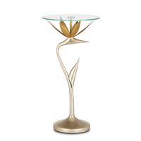 With a body made of steel, the Paradiso Accent Table has a lyrical shape inspired by the Strelitzia reginae, more commonly known as the Bird of Paradise plant. The limb that arcs up, in a contemporary silver leaf finish, holds a blossom in a contemporary gold leaf finish. The two work in concert to balance the glass top. This silver and gold occasional table is an example of how nature-inspired design elements are driving the biophilic movement. Features Paradiso Collection Floor Protection: Foa