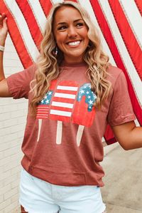 Show off your patriotic side with our USA Popsicle Graphic Tee! Featuring a vibrant and eye-catching design, this tee is perfect for any summer event or everyday wear. Made with high-quality materials for lasting comfort and style. Embrace your love for the USA and stand out in this must-have tee! Model Info: Models are 5'7", Size 2, wearing smalls Material: 65% Polyester + 25% Viscose + 10% Elastane Size Chart (INCH) Sizes Bust Shoulder Sleeve_Length Length Hem_Width Relax Relax Relax Relax Relax S 37.8 15.2 7.7 26.0 40.2 M 40.2 15.7 7.9 26.8 42.5 L 42.5 16.3 8.1 27.6 44.9 XL 45.7 17.2 8.3 28.3 48.0 Elasticity Medium-High