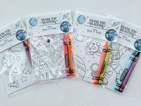 Party Favors perfect for any Out of this World, Two the Moon, or First Trip Around the Sun Theme party! It's party time and these Space Coloring Party Favors are the perfect way to make sure your event is a real BLAST! Rocketeers will love their Outta This World Party Favor as a great filler for your favor bag or just given out by itself with a custom party tag! This listing is for 1 Outer Space Coloring Favor Bag filled with 4 mini coloring pages & 2 crayons! --WHAT IS INCLUDED IN THE PRICE (1