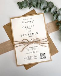 QR Codes for online rsvp's are the newest trend for invitations! Don't blow your budget on rsvp cards and return postage and your guests no longer have to worry about returning those rsvp cards. Our QR code invite line gives a fun, modern, and unique touch to your wedding or special event all on 1 single invite card! This lovely rustic wedding invitation is perfect for any wedding! Boho, rustic, farmhouse, and great for any season!  We'll create your QR code for you - just give us your wedding website address! The 5x7 invite is printed on a creamy ivory cardstock with a kraft matting. Comes with blank kraft envelopes and twine.   {  HOW TO ORDER  }   1.)  PURCHASE - Select Number of Invitations needed. Leave desired wording in personalization section or note to seller 2.)  REVIEW PROOFS -