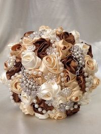 Vintage Style Satin Fabric Flower And Brooch Bridal Bouquet Several Sizes & Col