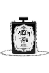 Pure Poison Clutch Bag | KILLSTAR - US Store Cute and playful clutch bag - 'Pure Poison' is shaped like a hardcase bottle with silver accents, printed motif to front and long chain strap. With clip closure - fits your small essentials, perfect for nights out, shoots or just hanging with yer coven! #handbag #clutchbag #accessory #fashionbag #gothfashion