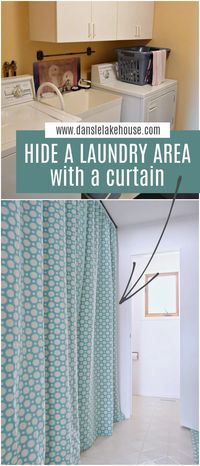 GENIUS!! How to Hide a Washer and Dryer. Hide laundry room entirely with wall to wall curtains on a curtain track so curtains GLIDE so easily out of the way! Hide laundry room with curtains. Use this to hide laundry room in kitchen or hide laundry room in hallway like mine. Hide laundry room hack! Check out the tutorial for how to sew this curtain on a track and tips for hiding washing machine with curtains.