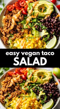 This Vegan Taco Salad features walnut taco meat served over a bowl of romaine with black beans, corn, tomatoes, avocado, and chipotle aioli sauce. It’s a healthy and filling dinner that’s perfect for Meatless Mondays!