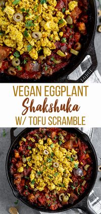 If you haven't had shakshuka before, you are in for a treat! This dish is loaded with a plethora of vegetables in a thick tomato sauce, topped with a flavor-packed tofu scramble, and ready in less than 30 minutes! #shakshuka #breakfast #lunch #dinner #tunisia #middleeastern #northafrica #israel #shakshouka #veganized #egg #tofuscramble #healthy #lowfat #30minute #meal #easy #sweetsimplevegan #entree #onthego #togo