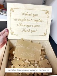 Custom clear puzzle guest book for wedding and birthday parties. Let your guests sign each piece and then assemble the puzzle!Each puzzle piece has an engraved heart shape on its tabs. Different size and number of pieces available. #darinascrafts #guestbook #guestbookideas #guestbookalternative #weddingguestbook #guestbookpuzzle