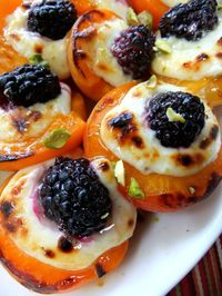 Roasted Apricots with Mascarpone and Blackberries, drizzled with Honey