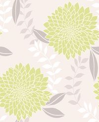 Clarissa Green (M0659) - Crown Wallpapers - A large chrysanthemum flower with a raised texture and pretty metallic glitter highlights. Showing in lime green and silver on a cream background - other colour ways available. Please request a sample for true colour match.