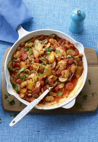 This completely amazing chicken, chorizo and bean stew is low-calorie but really gutsy.