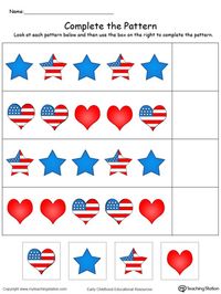 **FREE** Patriotic Complete the Pattern in Color Worksheet. Complete the pattern of the hearts and stars in this patriotic printable worksheet in color.