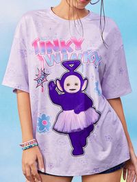 Teletubbies X SHEIN Women's Casual Cute Cartoon Print Short Sleeve Purple Tinky Winky Vintage Y2K T-Shirt, Summer