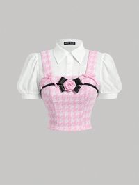 Pink Casual Collar Short Sleeve Woven Fabric Houndstooth,Textured Pattern Top Embellished Non-Stretch  Women Clothing