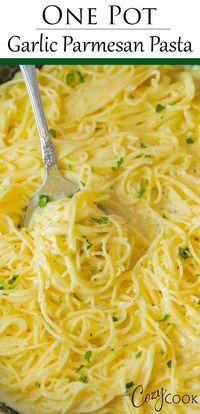 This creamy Garlic Parmesan Pasta is quick and easy! It takes just 20 minutes and one pot. Your family will love the smooth, buttery garlic noodles! #spaghetti #30minutemeals #easydinnerideas #angelhair