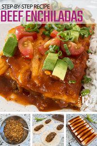 Favorite ground beef enchiladas have big beefy flavor and are loaded with cheese! Step by step instructions are included in this recipe. 