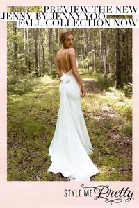 We love how the figure hugging fit and flare Marley Gown by Jenny Yoo effortlessly glides down the body and pools at the bottom. Complete the look by turning the chiffon attachment into a romantic back-bow. Explore more irresistible gowns from Jenny by Jenny Yoo’s new fall 2019 collection on Style Me Pretty! #JennyByJennyYoo #JennyYooBridal