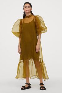 Balloon-sleeved organza dress - Olive green - | H&M GB