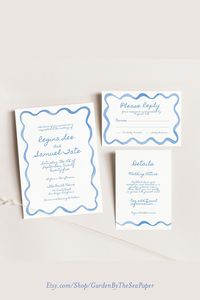 Watercolor painted wavy edge squiggle design, printable wedding invitation, modern wedding