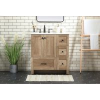 Delve into a world of minimalistic fashion and contemporary styling with this farmhouse vanity. The clean faux lines anchor the weathered design. The Black handle adorns the two doors hiding the base of the integrated porcelain sink while the bottom drawer and side drawers allow you to store your bathroom necessities and toiletries. The compact size makes it the perfect vanity for any bathroom or powder room, regardless of size. Base Finish: Natural Oak | Foundstone™ Norma 32" Single Bathroom Va