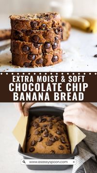 Extra Moist & Soft Chocolate Chip Banana Bread is deliciously sweet, easy to make, moist, and made in one bowl. Grab those super ripe bananas and make the BEST banana bread with chocolate chips for you and your family!