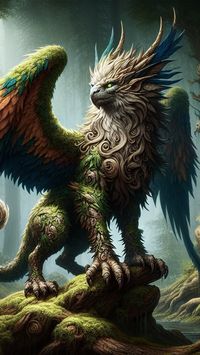 The griffin of the Ancient Forest is a noble magical creature, the goddess Mother of the Forest created them not as a bird or a beast, but as an intermediate link, bestowing all the best from both genera. They are secretive and prefer not to stick out far from their nests, and then they are rarely found by travelers who ventured into the thicket of an Ancient forest #fantasyworld #fantasy #characterconcepts #creature #bestiary #fantasycharacter #fantasyportraits#fantasyaiartwork #animals #fantasyanimals #griffin