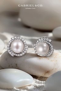 14K White Gold Round Cultured Pearl Swirling Diamond Halo Stud Earrings EG13669W45PL