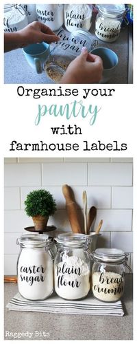 Using some Ikea Korken Jars and some labels see how to Organise your Pantry Using Farmhouse Labels to make things easier in your kitchen | www.raggedy-bits.com