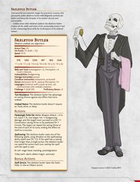 A stat block we made for the season, the Skeleton Butler from our Theomachy campaigns! Full copy-pasteable PDF, plus more fantasy art, NPCs, awesome homebrew, and other cool stuff: https://www.patreon.com/Catilus Skeleton Butler