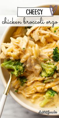 Cheddar and broccoli are a classic combo, and they're elevated in this easy, one pot orzo recipe with rotisserie chicken! There's so much savory flavor.