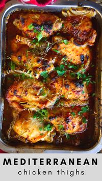 This Mediterranean chicken thigh recipe can be whipped up in 45 minutes and you add all the ingredients to the baking tray, mix, and pop it in the oven. So simple, yet so tasty. Enjoy! #chicken #chickenthighs #chickenrecipe #chickendinner #mediterraneanrecipe #mediterraneanchickenrecipe #chickenthighrecipe #bakedchicken