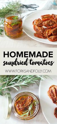 Preserve summer's bounty with this easy recipe for homemade sundried tomatoes.  Packed and stored with fresh herbs and olive oil, these homemade sundried tomatoes are the perfect compliment to pizza, salads, pasta and more.